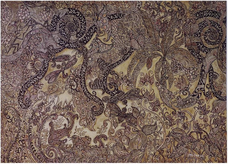 Pyanz Sharifudin's Belantara Cinta Siri (II) (henna on canvas, 2014).